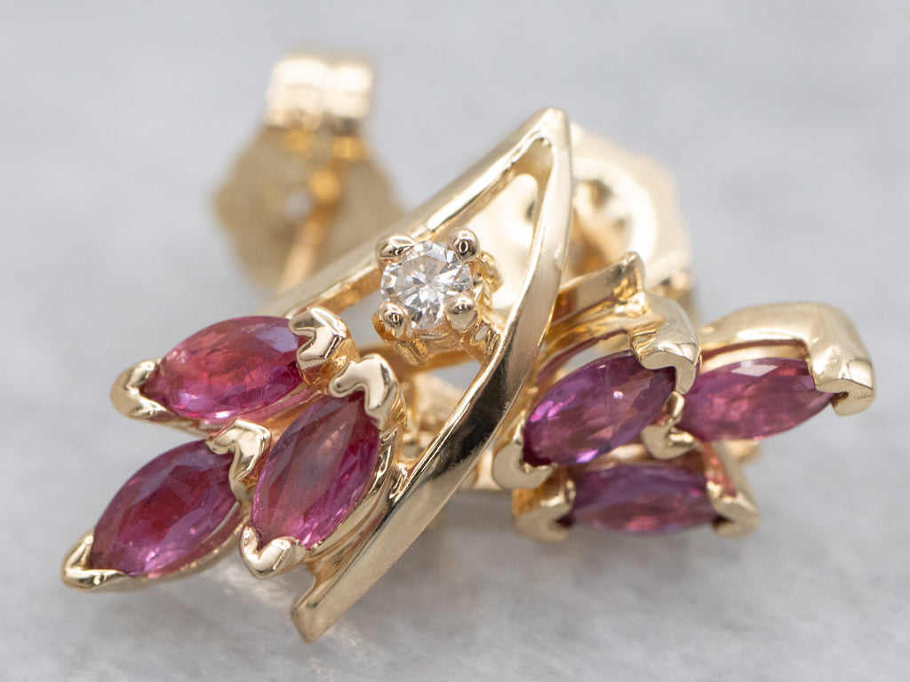 Marquise-Cut Ruby and Diamond Gold Stud Earrings
