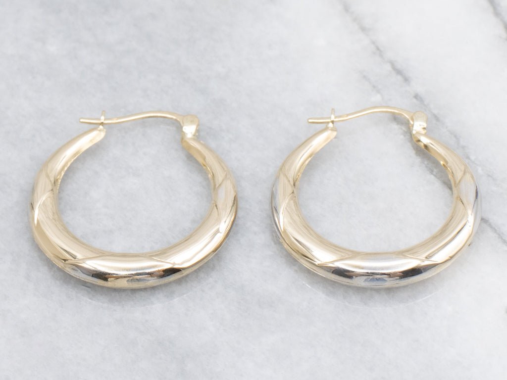 Yellow and White Gold Patterned-Puffed Hoop Earrings