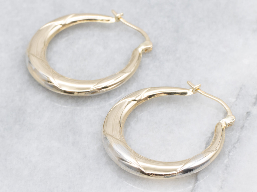 Yellow and White Gold Patterned-Puffed Hoop Earrings