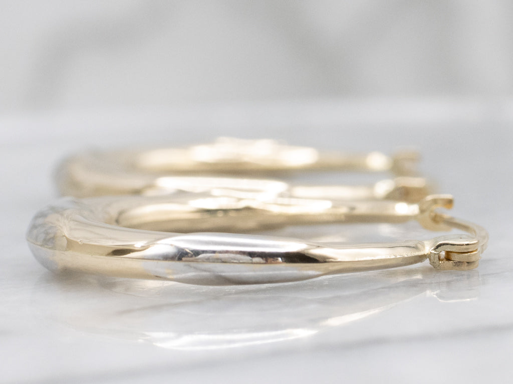 Yellow and White Gold Patterned-Puffed Hoop Earrings