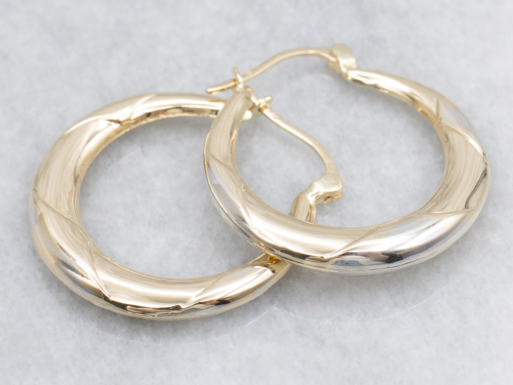 Yellow and White Gold Patterned-Puffed Hoop Earrings