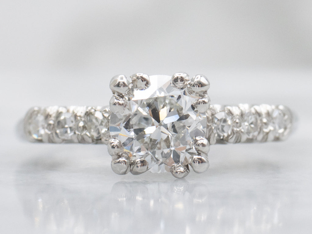 1950s European Cut Diamond Platinum Engagement Ring with Fishtail Prongs