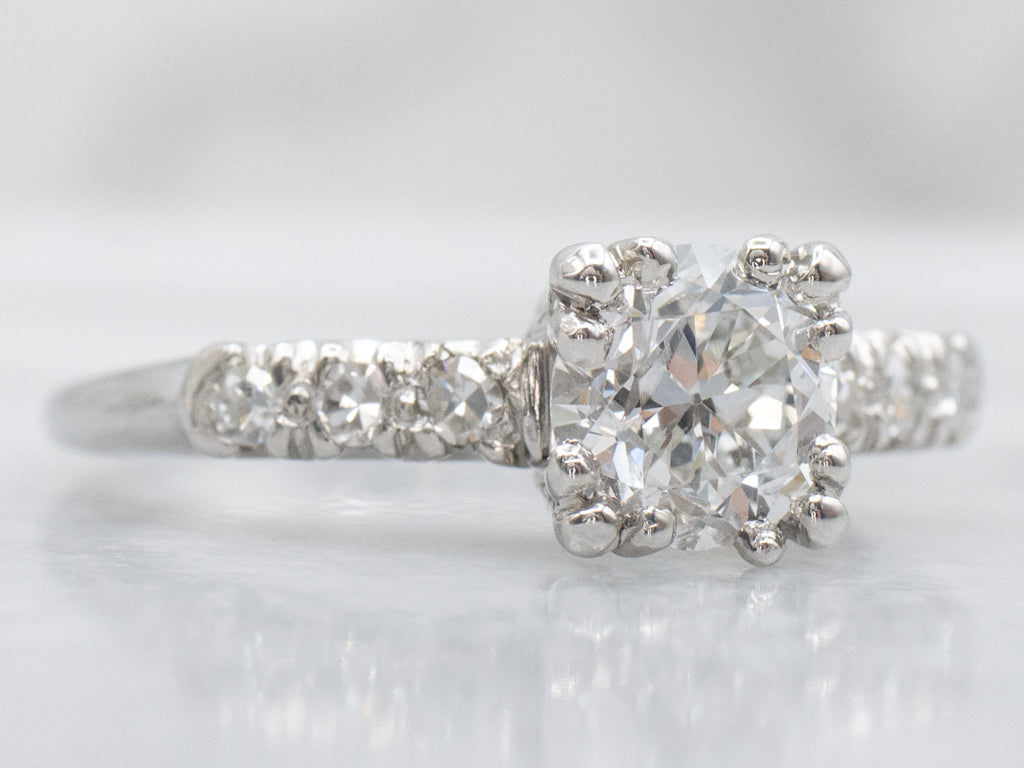 1950s European Cut Diamond Platinum Engagement Ring with Fishtail Prongs