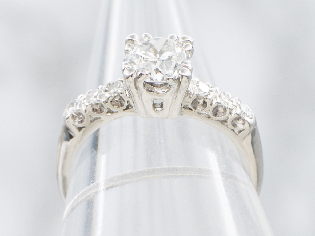 1950s European Cut Diamond Platinum Engagement Ring with Fishtail Prongs