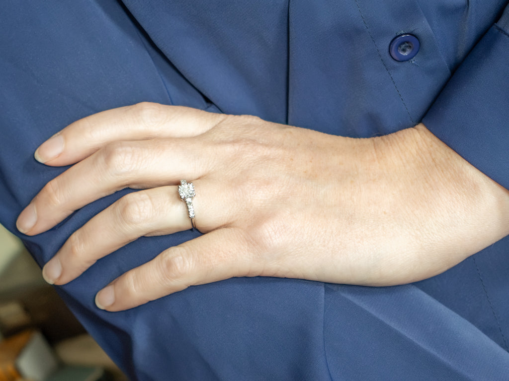 1950s European Cut Diamond Platinum Engagement Ring with Fishtail Prongs
