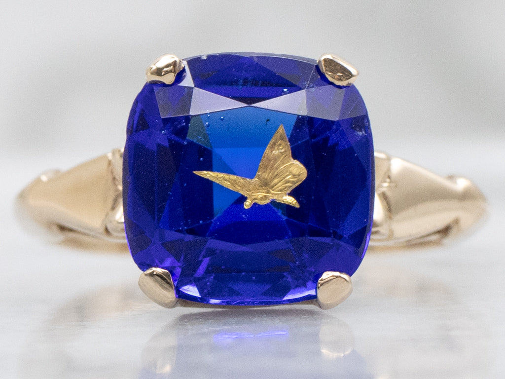 Sapphire Doublet and Gold Butterfly Vintage Ring