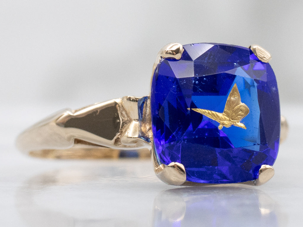 Sapphire Doublet and Gold Butterfly Vintage Ring