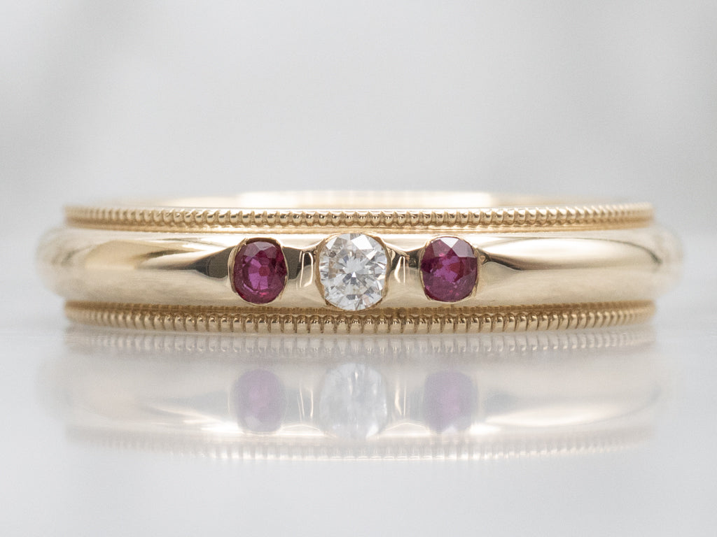 Yellow Gold Ruby and Diamond Milgrain Edge Band