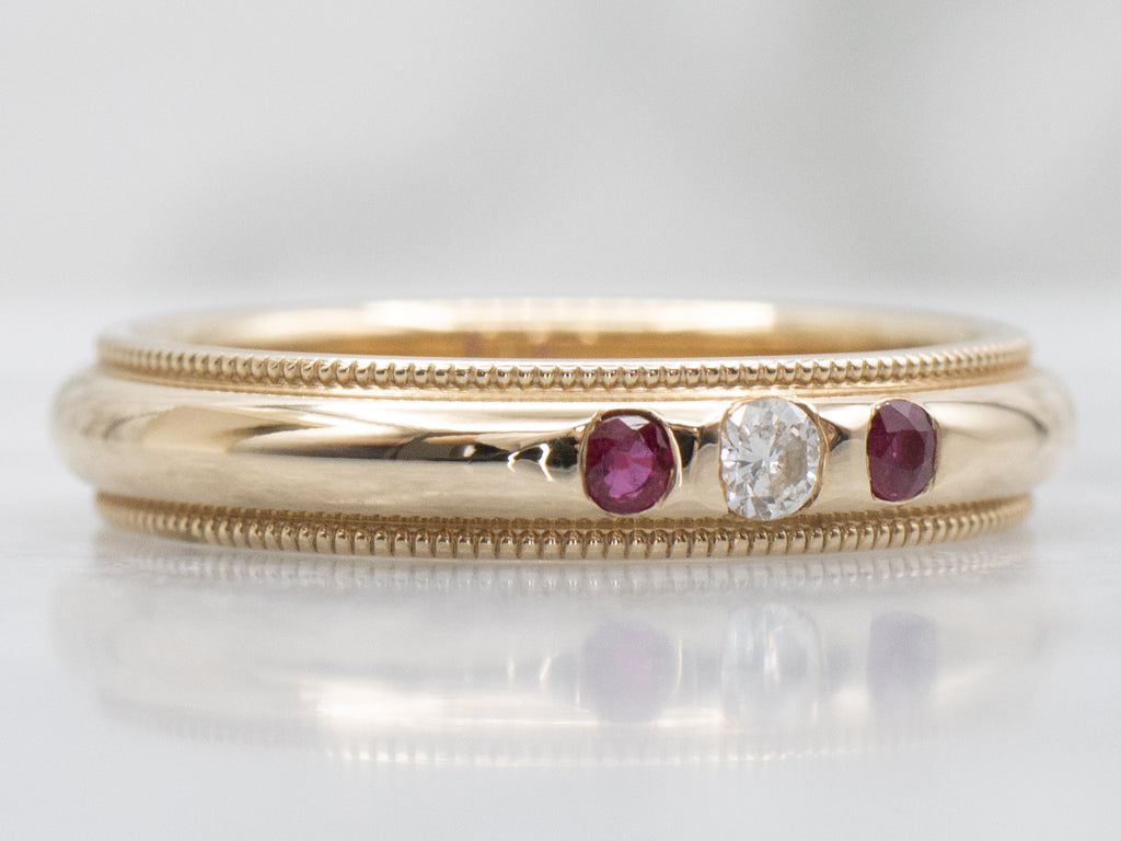 Yellow Gold Ruby and Diamond Milgrain Edge Band
