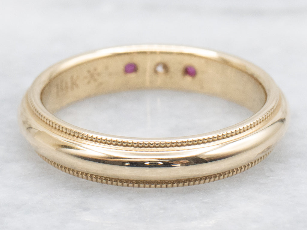 Yellow Gold Ruby and Diamond Milgrain Edge Band