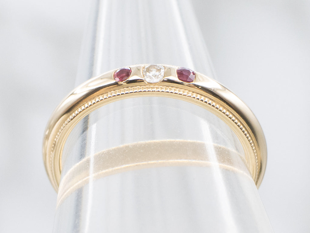 Yellow Gold Ruby and Diamond Milgrain Edge Band