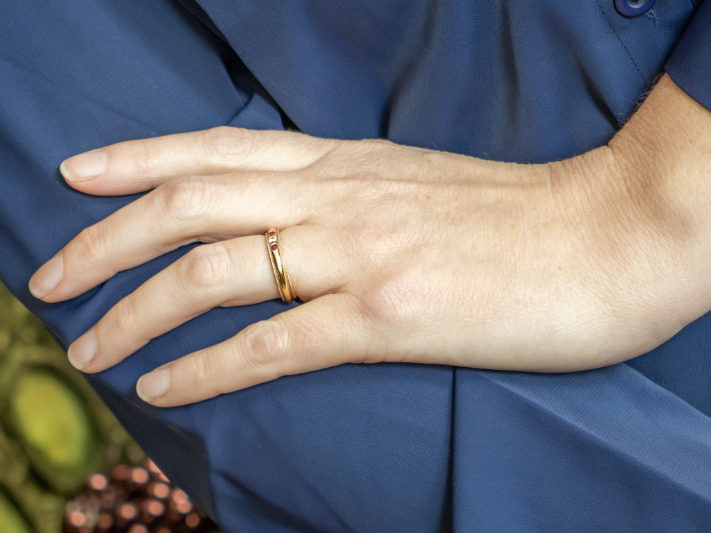 Yellow Gold Ruby and Diamond Milgrain Edge Band