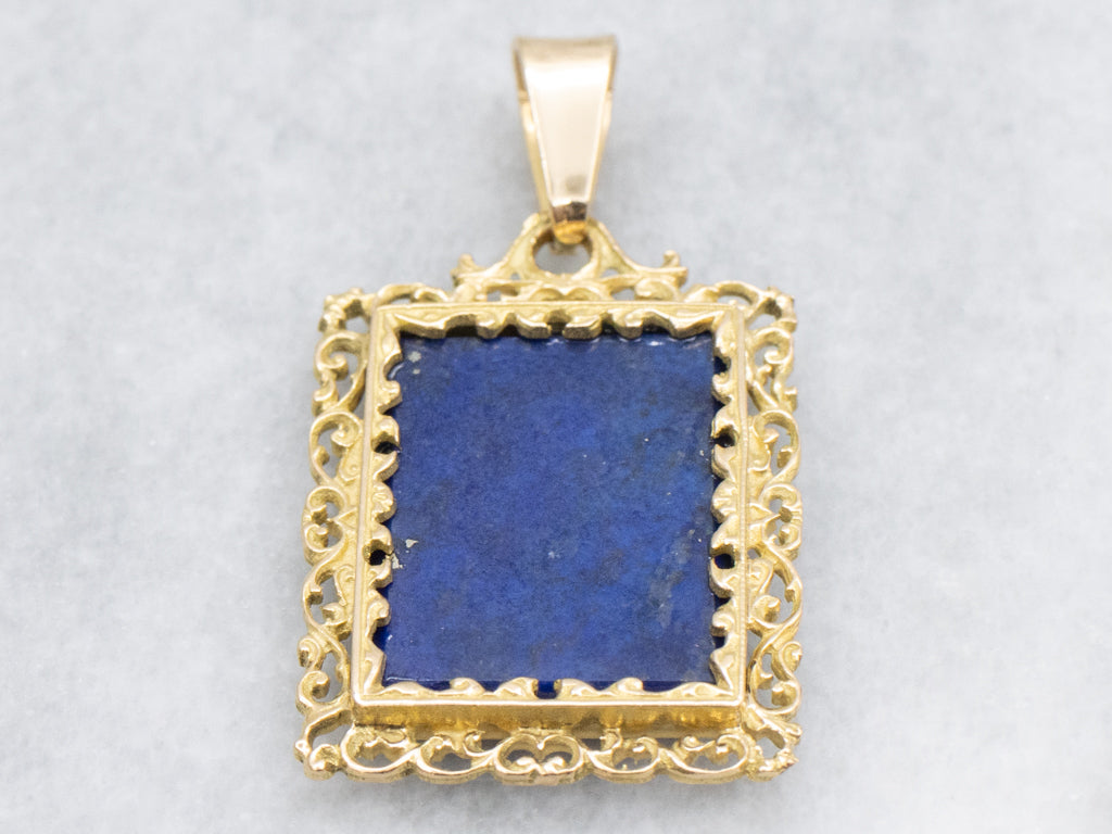 Lapis Cabochon Pendant in Ornate 18-Karat Gold Frame