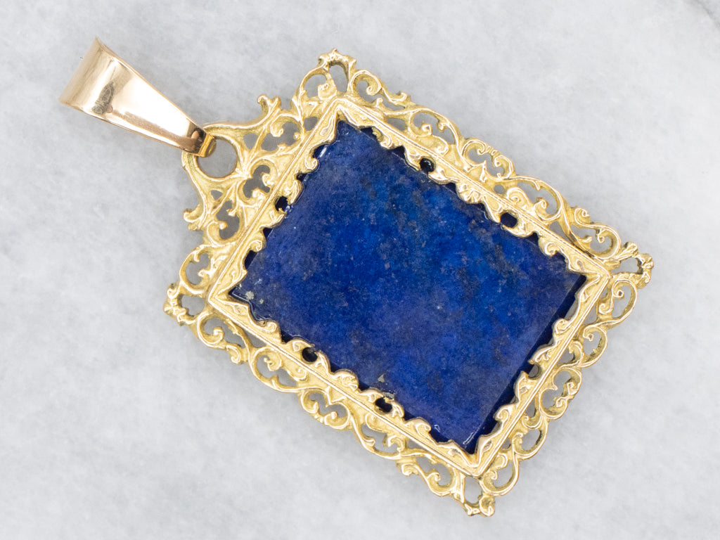 Lapis Cabochon Pendant in Ornate 18-Karat Gold Frame