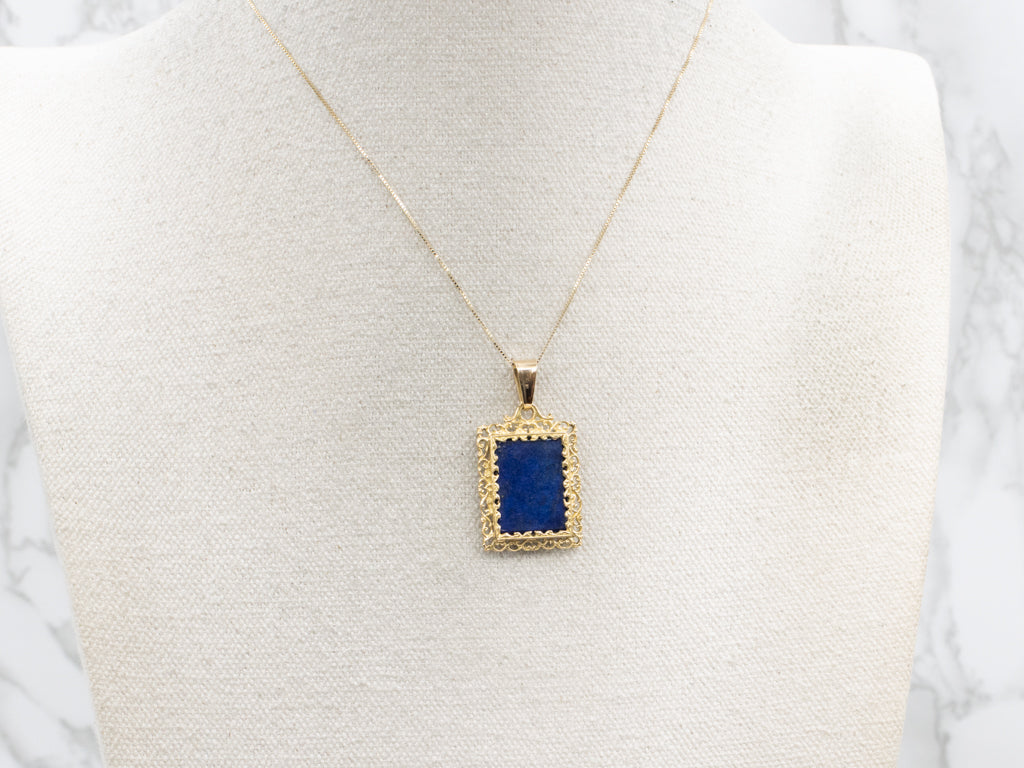 Lapis Cabochon Pendant in Ornate 18-Karat Gold Frame