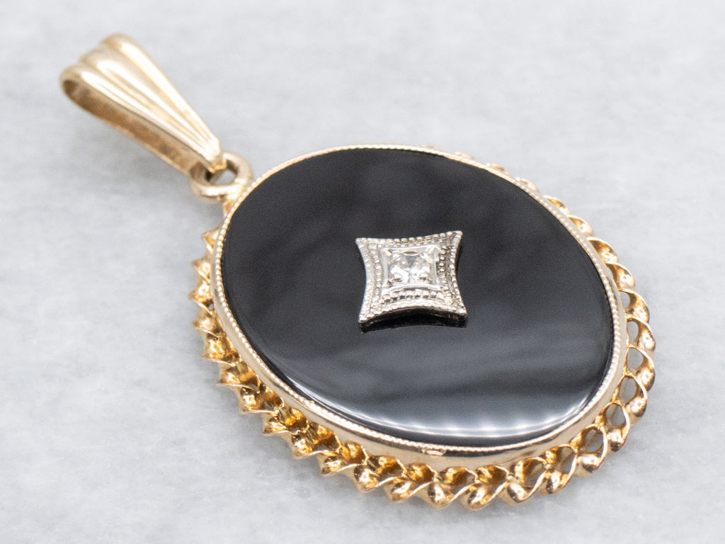 Mid-Century Black Onyx and Diamond Pendant