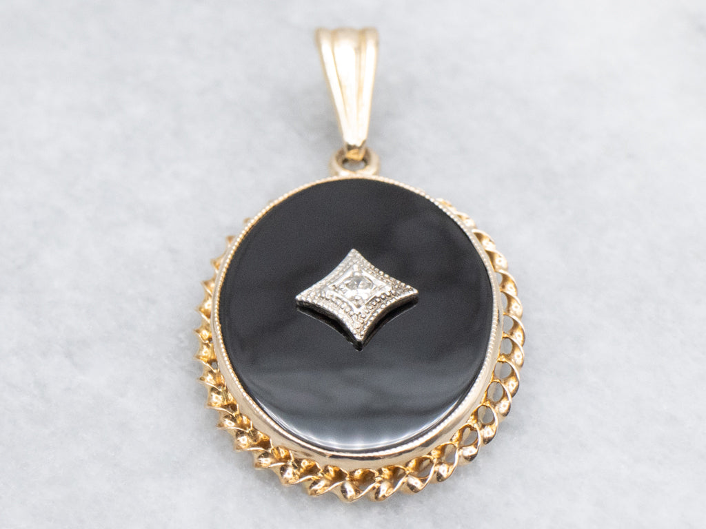 Mid-Century Black Onyx and Diamond Pendant