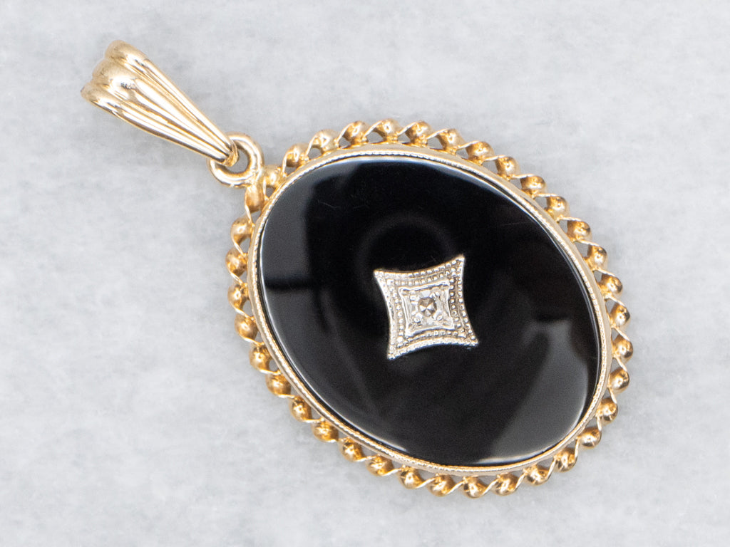 Mid-Century Black Onyx and Diamond Pendant