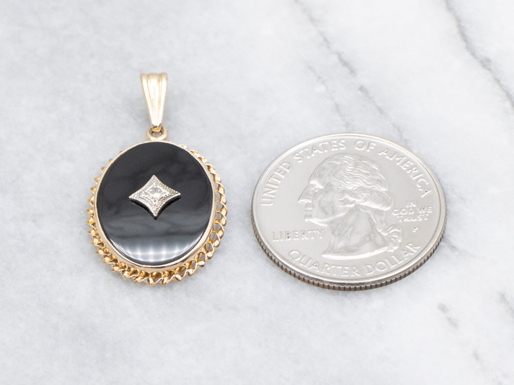 Mid-Century Black Onyx and Diamond Pendant