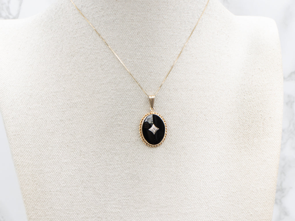 Mid-Century Black Onyx and Diamond Pendant