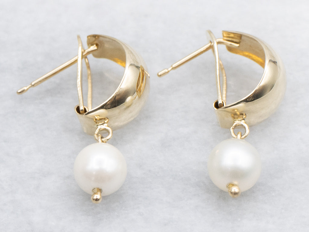 Yellow Gold Hoop Earrings with Swinging Saltwater Pearl Drops
