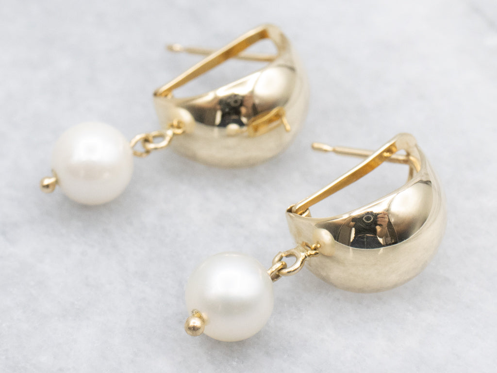 Yellow Gold Hoop Earrings with Swinging Saltwater Pearl Drops