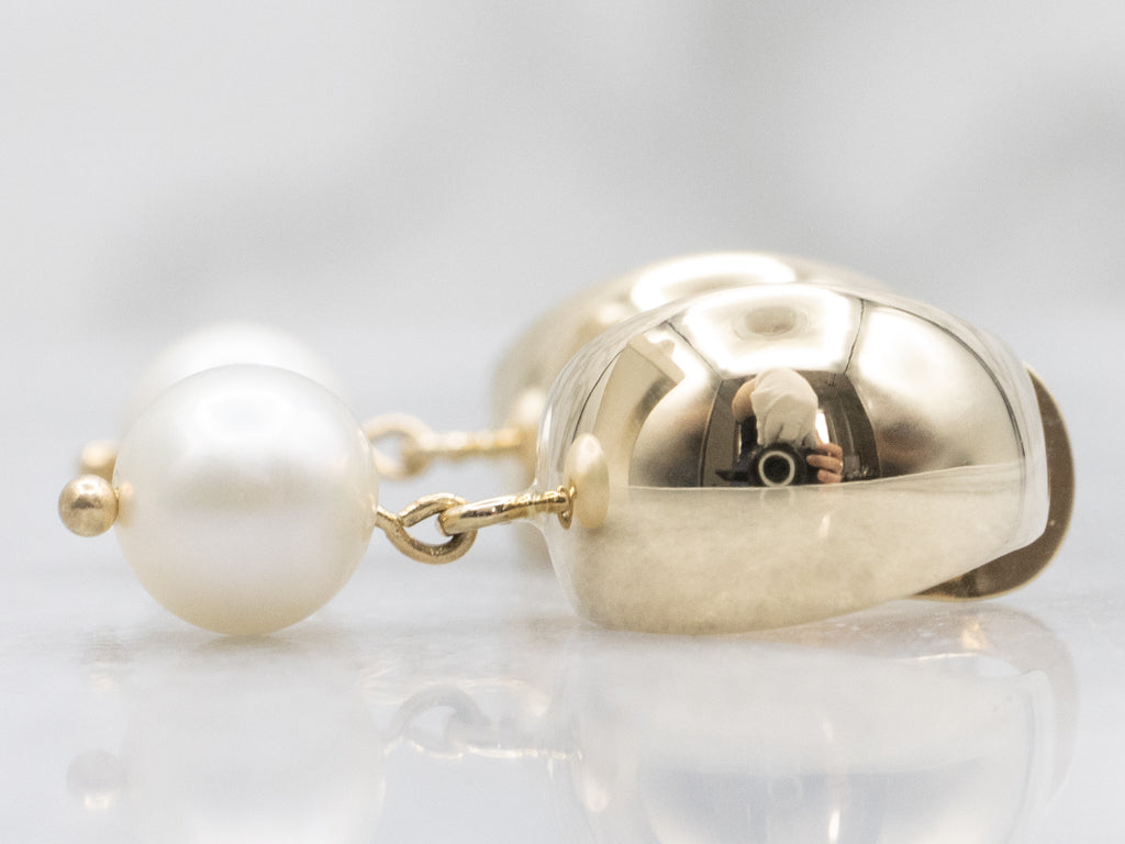 Yellow Gold Hoop Earrings with Swinging Saltwater Pearl Drops