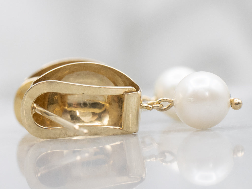 Yellow Gold Hoop Earrings with Swinging Saltwater Pearl Drops