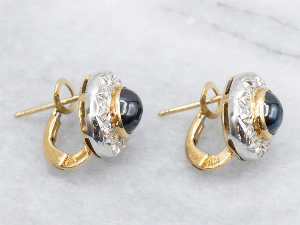 Italian Gold Sapphire Cabochon and Diamond Halo Stud Earrings