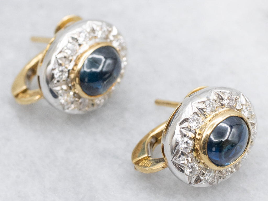 Italian Gold Sapphire Cabochon and Diamond Halo Stud Earrings