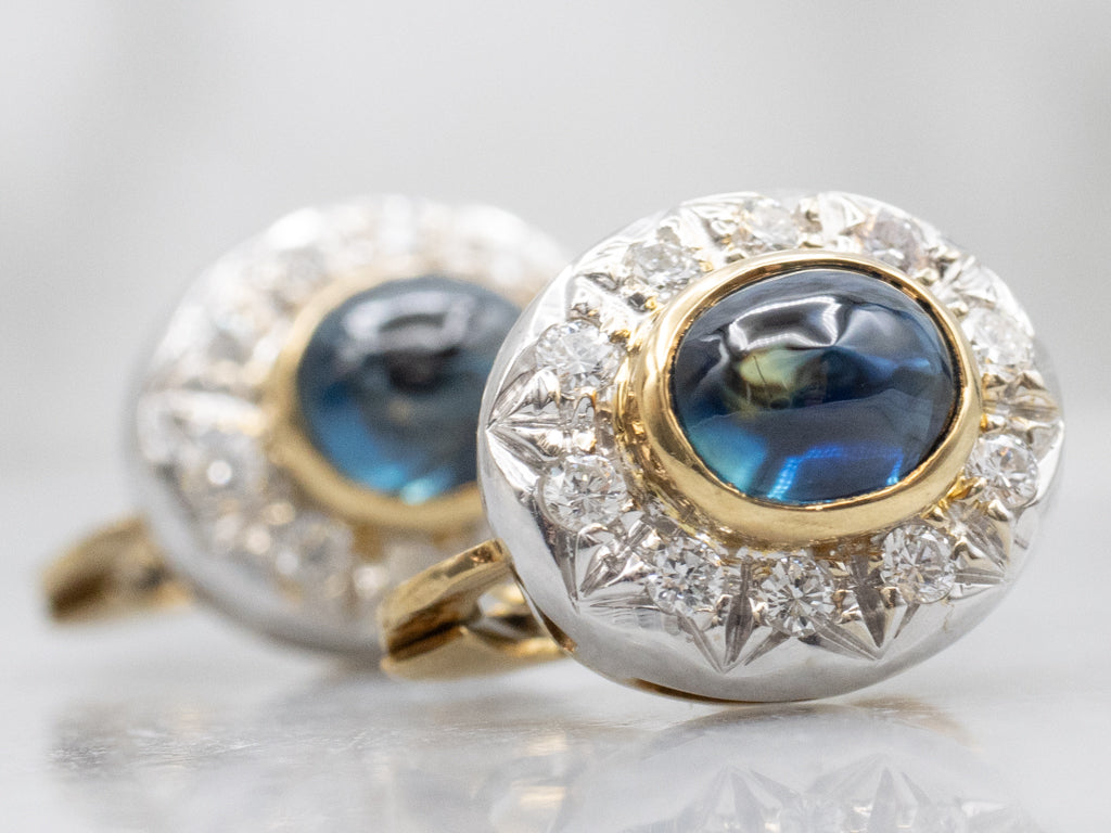 Italian Gold Sapphire Cabochon and Diamond Halo Stud Earrings