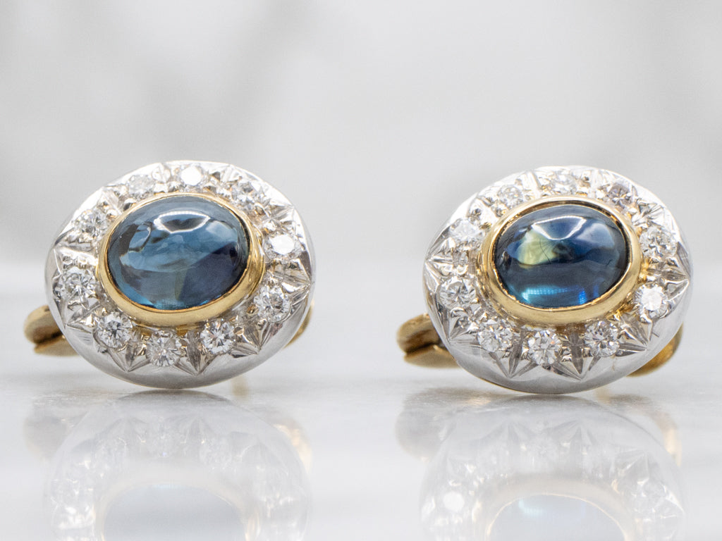 Italian Gold Sapphire Cabochon and Diamond Halo Stud Earrings