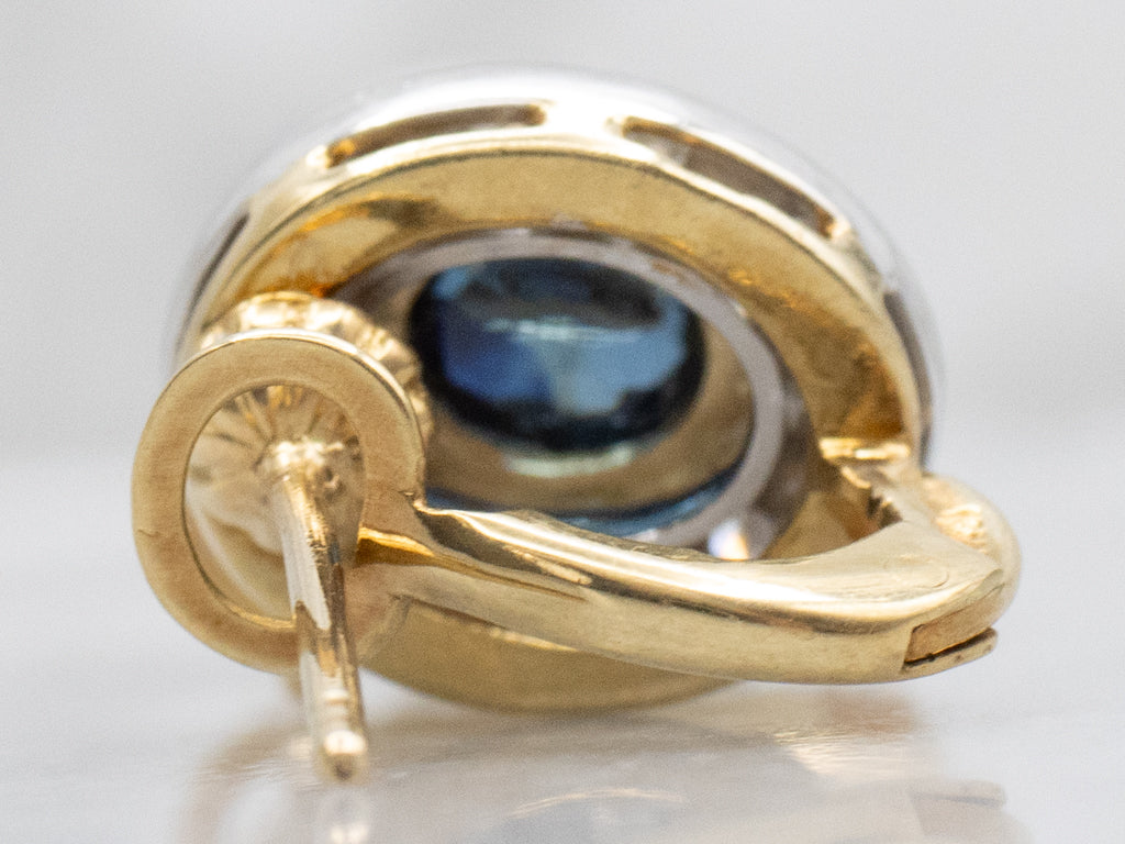 Italian Gold Sapphire Cabochon and Diamond Halo Stud Earrings