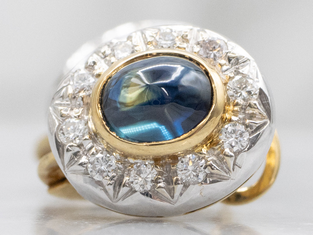Italian Gold Sapphire Cabochon and Diamond Halo Stud Earrings