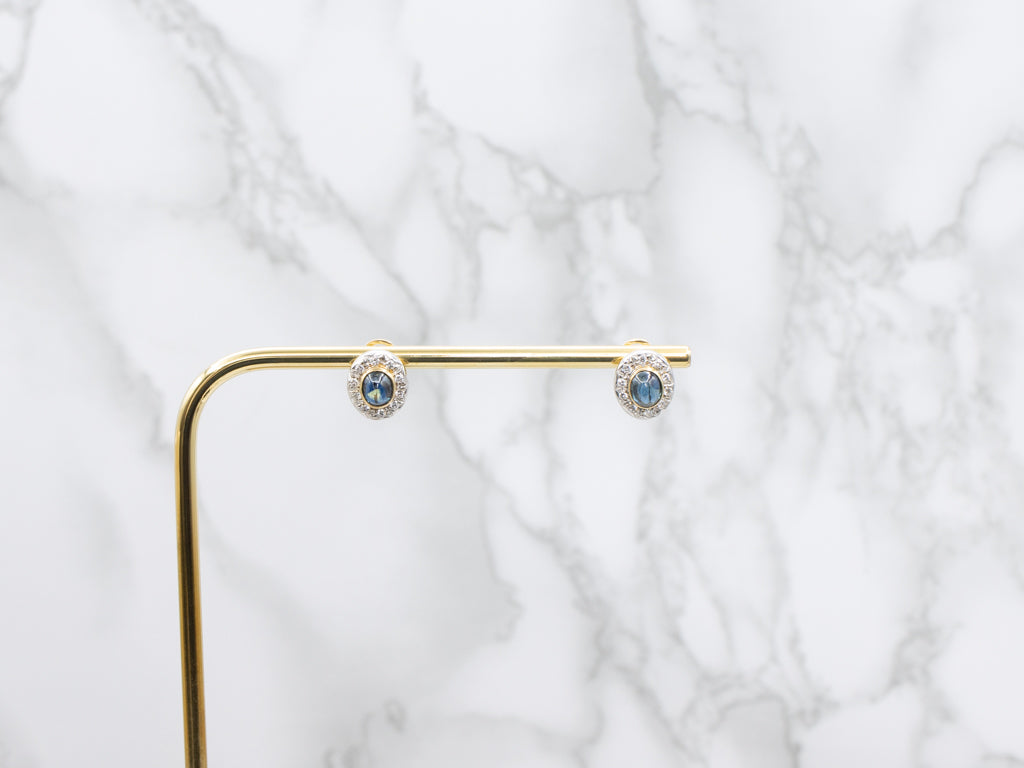 Italian Gold Sapphire Cabochon and Diamond Halo Stud Earrings