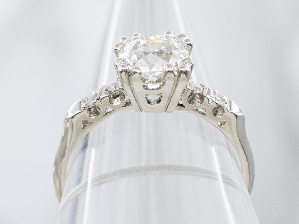 Old Mine Cut GIA Diamond and Platinum 1950s Engagement Ring