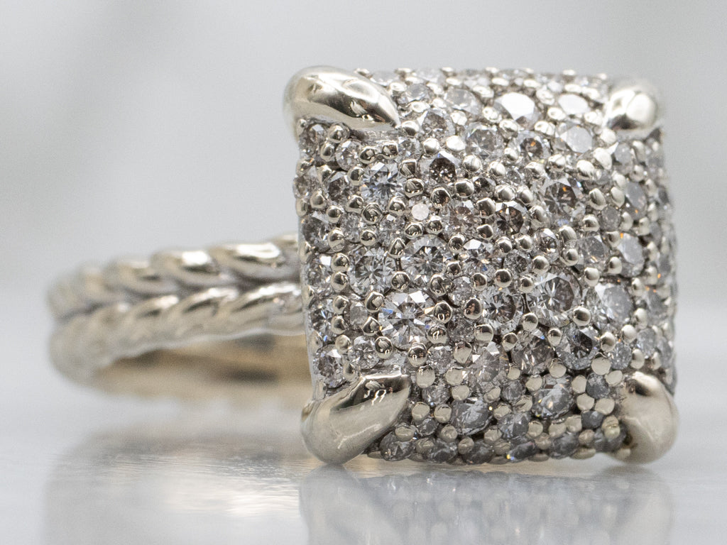 Square Pavé-Set Diamond Cluster Ring with Braided Band