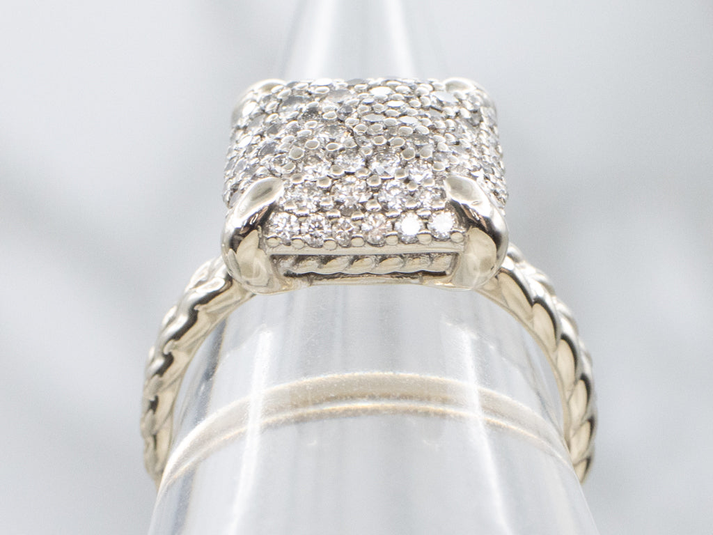 Square Pavé-Set Diamond Cluster Ring with Braided Band