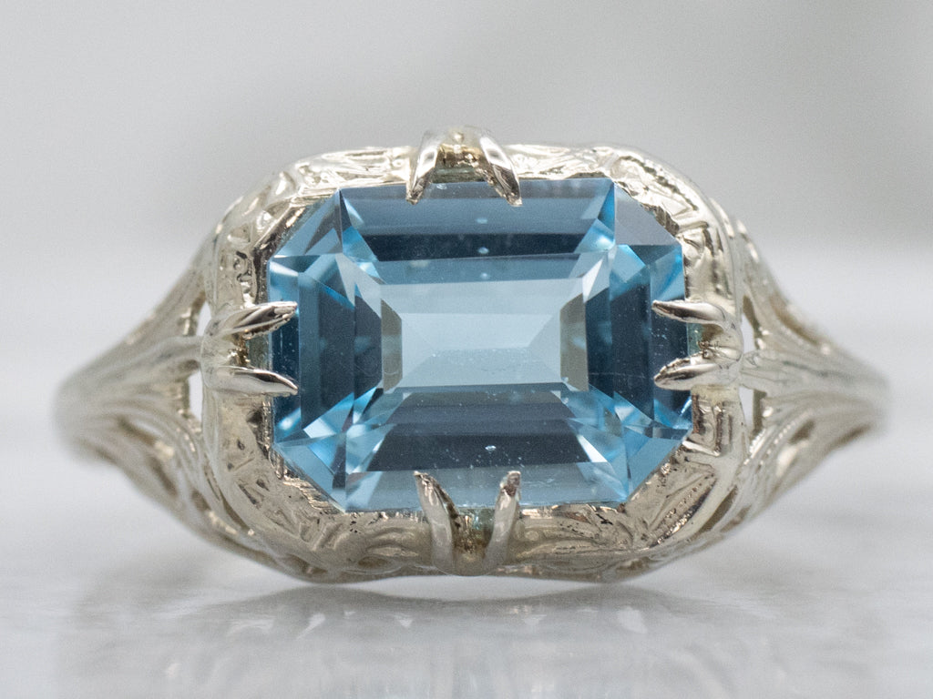 East-to-West Set Blue Topaz 1920s Filigree Solitaire Ring