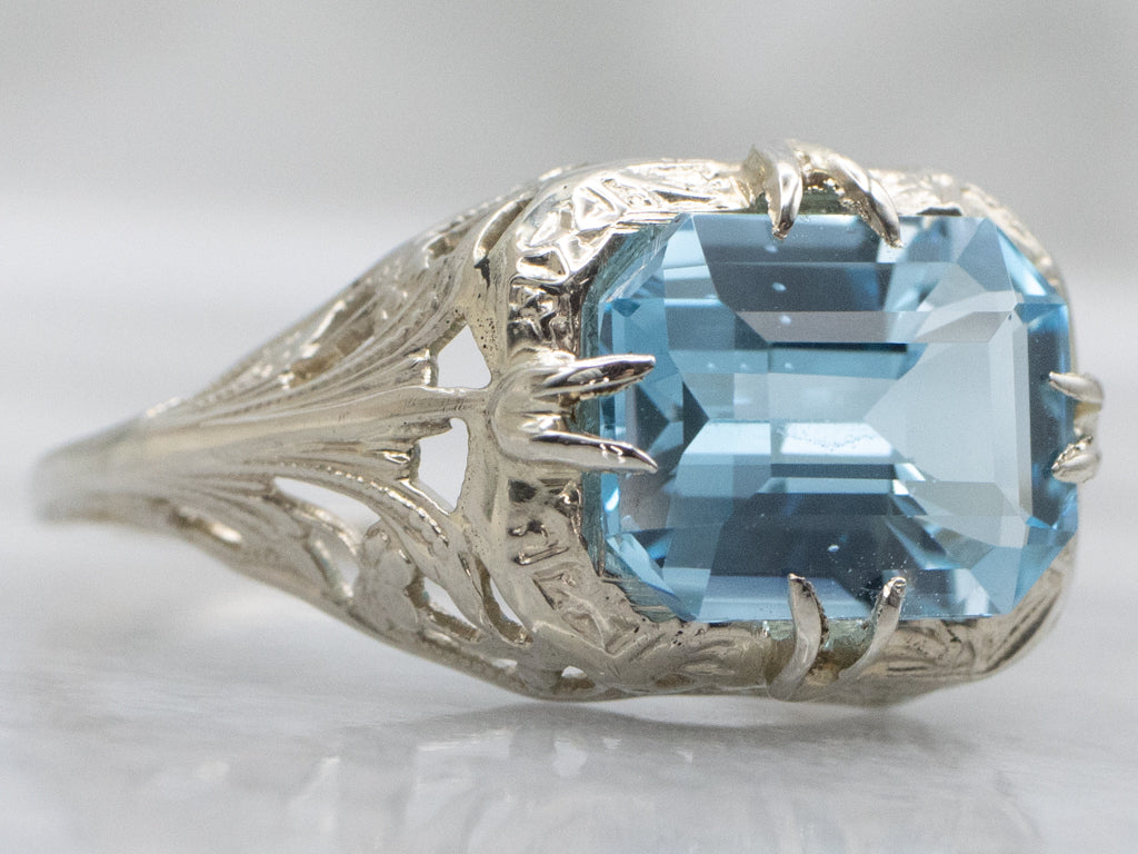 East-to-West Set Blue Topaz 1920s Filigree Solitaire Ring