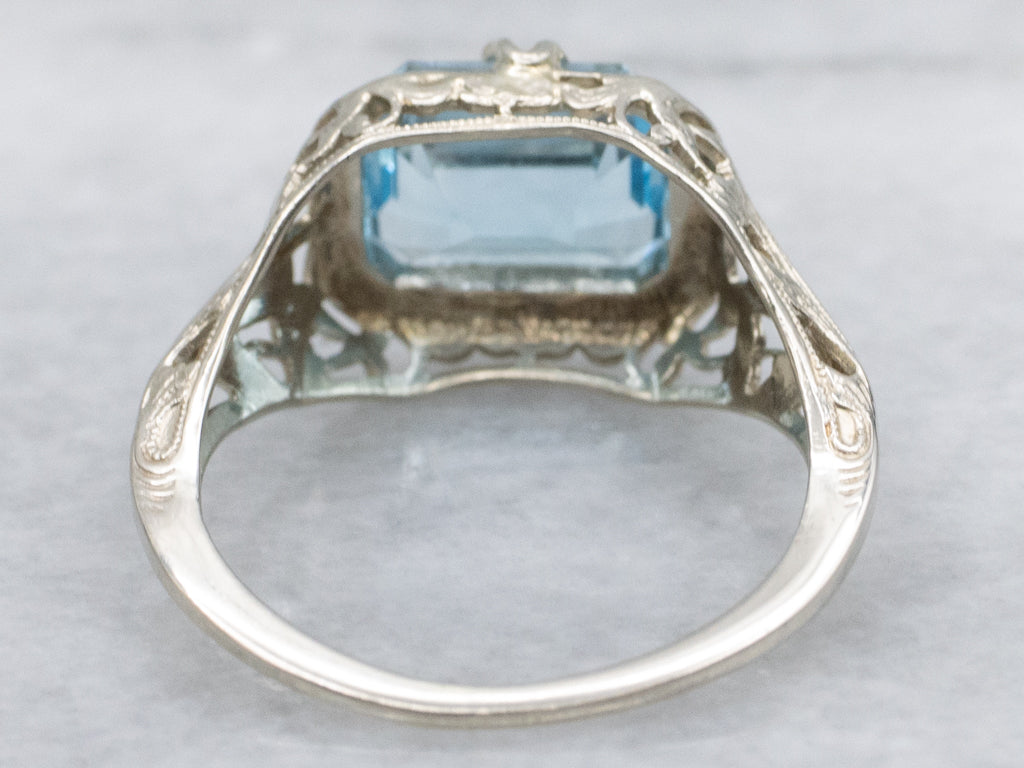 East-to-West Set Blue Topaz 1920s Filigree Solitaire Ring