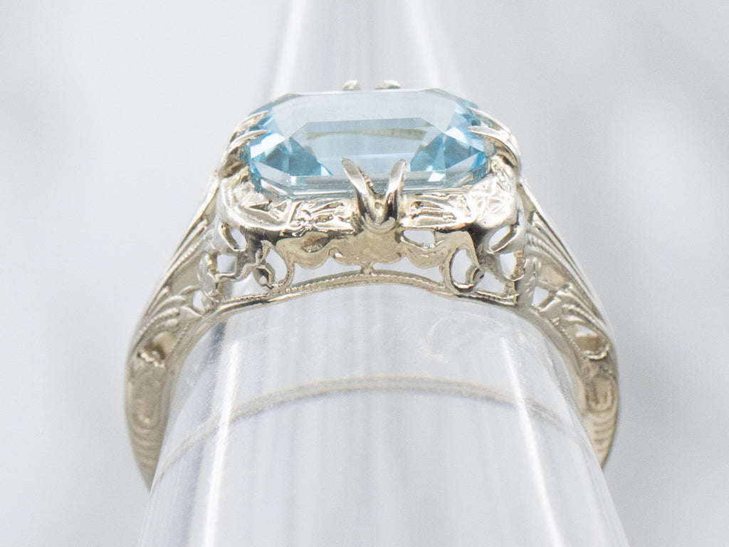 East-to-West Set Blue Topaz 1920s Filigree Solitaire Ring