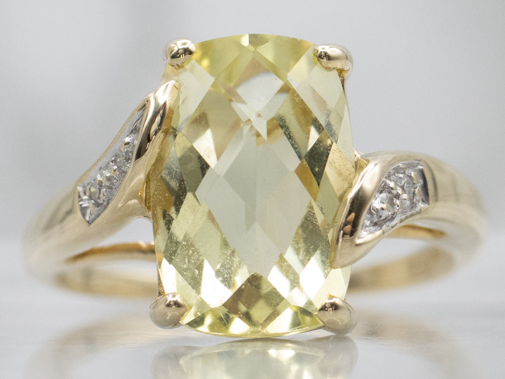 Faceted Lemon Quartz and Diamond Gold Bypass Ring