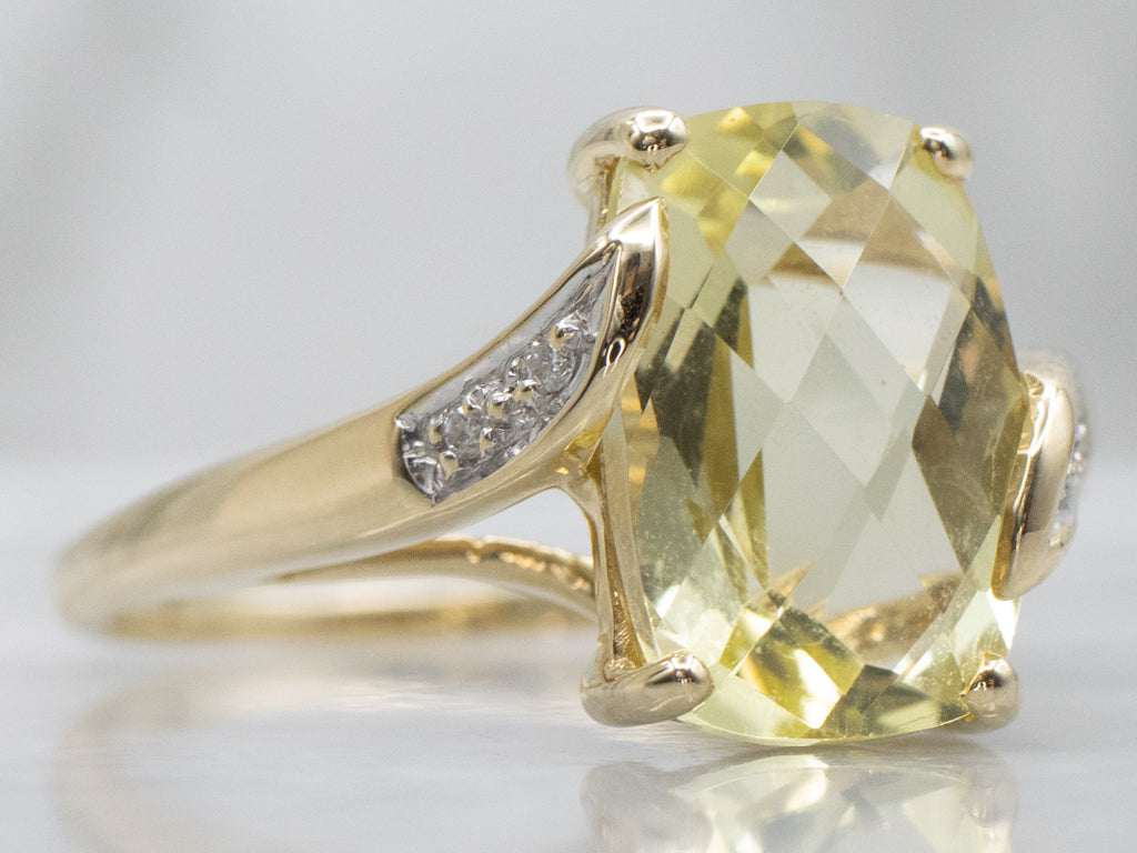 Faceted Lemon Quartz and Diamond Gold Bypass Ring