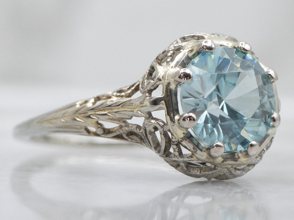 Art Deco Era White Gold and Zircon Solitaire Ring