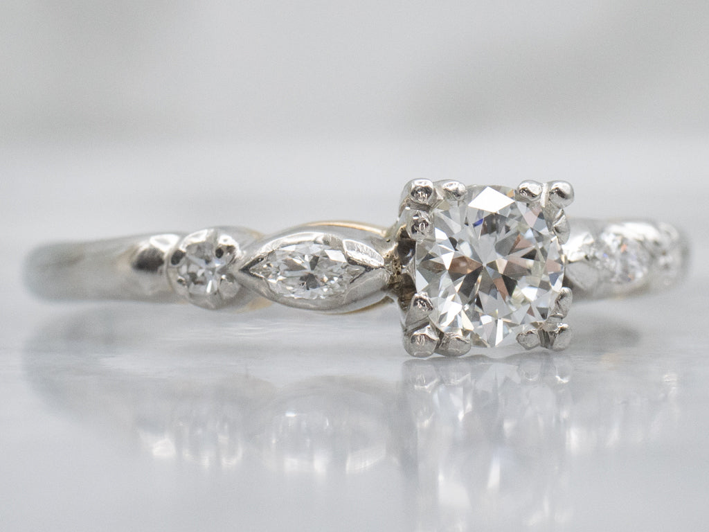 Vintage European Cut Diamond White Gold Engagement Ring