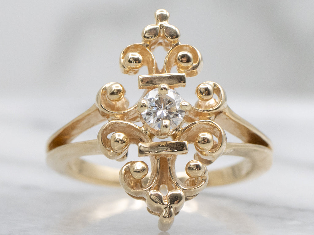 Scrolling Yellow Gold and Diamond Dinner Ring