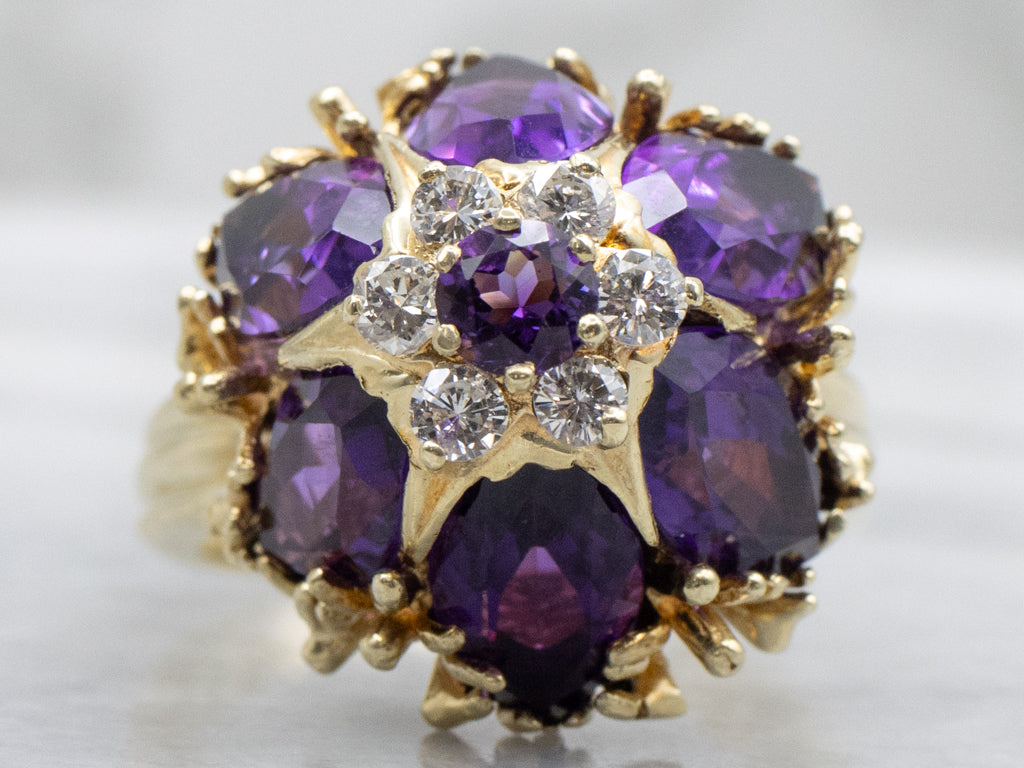 Bold Amethyst and Diamond Ornate Flower Gemstone Cocktail Ring