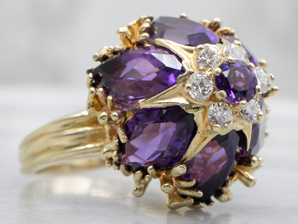 Bold Amethyst and Diamond Ornate Flower Gemstone Cocktail Ring