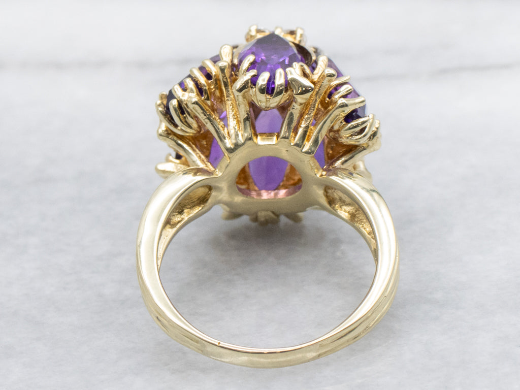 Bold Amethyst and Diamond Ornate Flower Gemstone Cocktail Ring